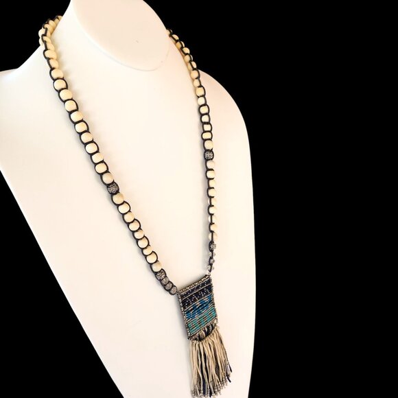 Chico's Boho Beaded Necklace Tassel Pendant Ethnic Wood Acrylic Cream Blue Green - Picture 3 of 11